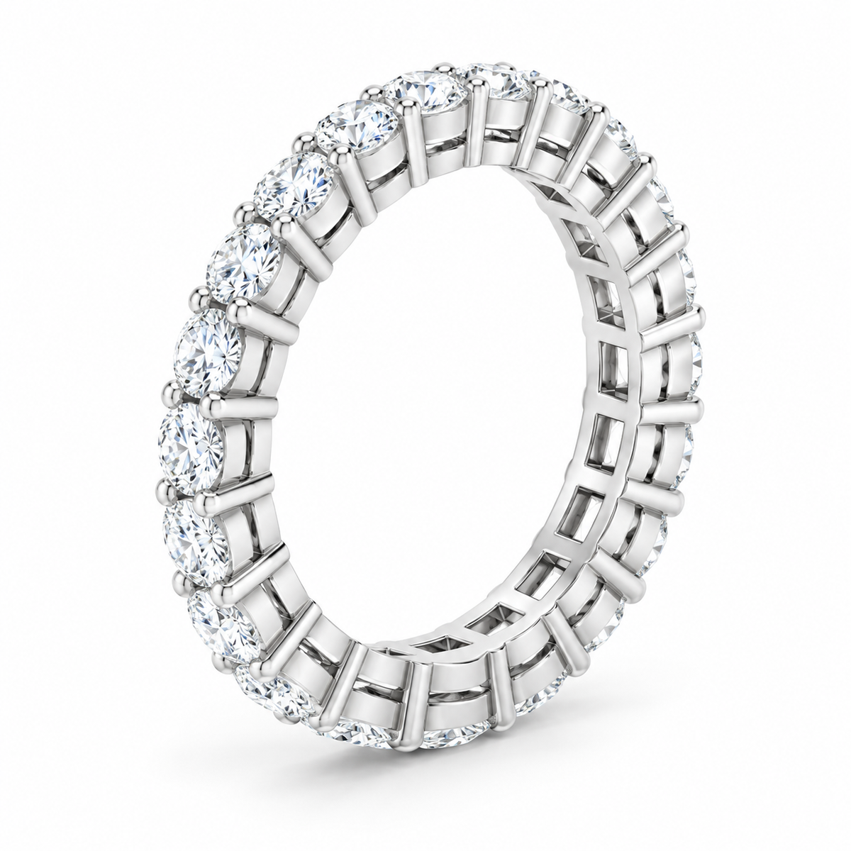 Round Scalloped Shared-Prong Lab-Grown Diamond Eternity Band — 2.5 mm — 14K white gold — studio three-quarter view