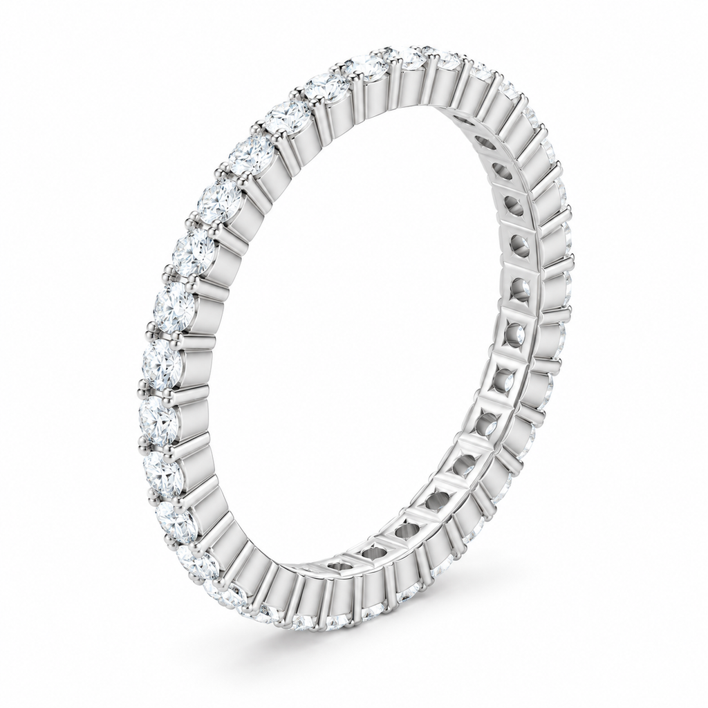 Round Shared-Prong Lab-Grown Diamond Eternity Band — 1.5 mm — 14K white gold — studio three-quarter view