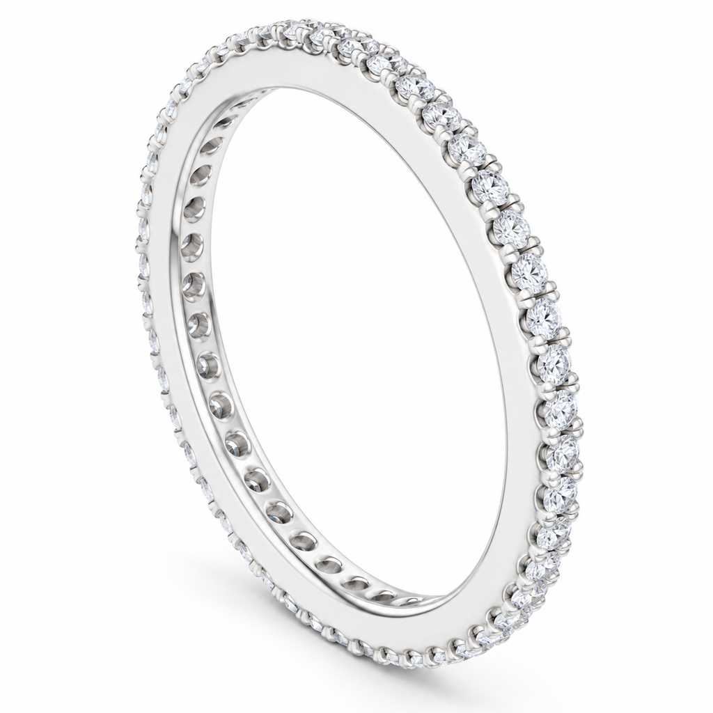 Round Split-Prong Lab-Grown Diamond Eternity Band — 1 mm — 14K white gold — studio three-quarter view