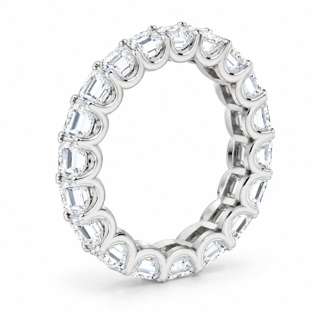 Emerald-Cut Shared U-Prong Lab-Grown Diamond Eternity Band — 5 x 3 mm — 14K white gold — studio three-quarter view