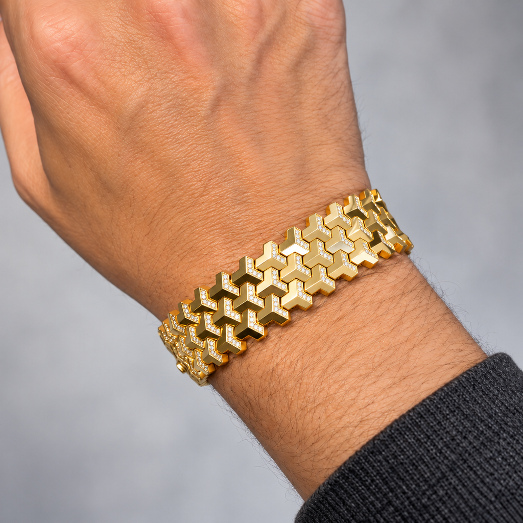 Men's 17.5mm Geometric Link Lab-Grown Diamond Bracelet in 18k Yellow Gold
