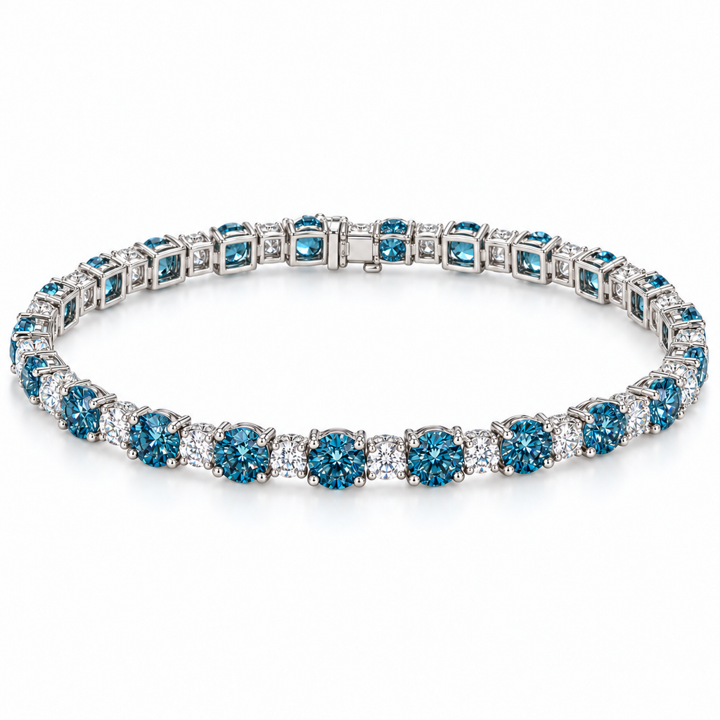 Fancy Vivid Blue and white lab-grown diamond Plus & Minus bracelet in 14k white gold, full studio view