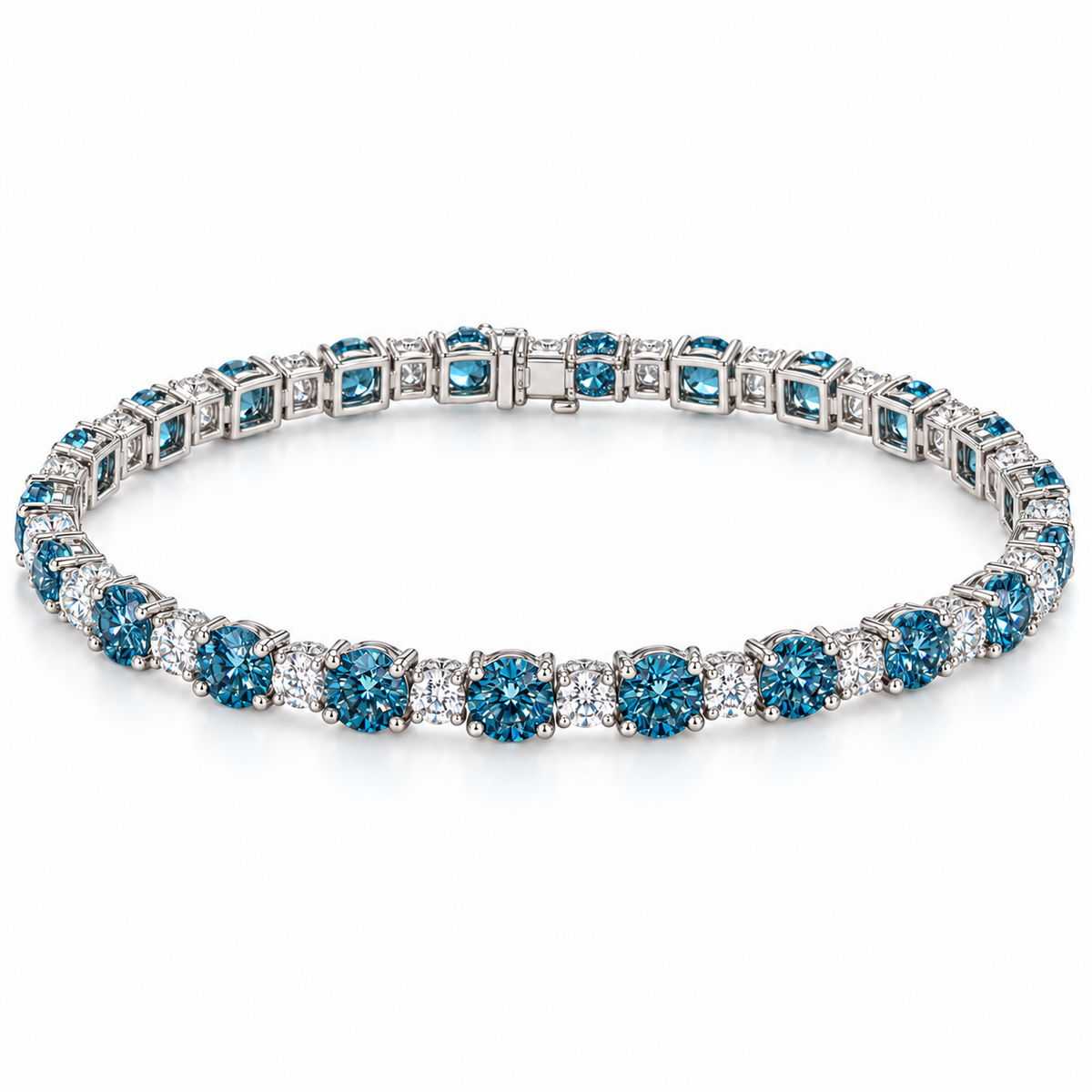 Fancy Vivid Blue and white lab-grown diamond Plus & Minus bracelet in 14k white gold, full studio view