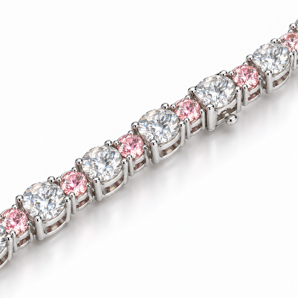 Fancy Vivid Pink and white lab-grown diamond Plus & Minus bracelet in 14k white gold, close-up studio view