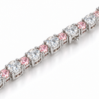 Fancy Vivid Pink and white lab-grown diamond Plus & Minus bracelet in 14k white gold, close-up studio view