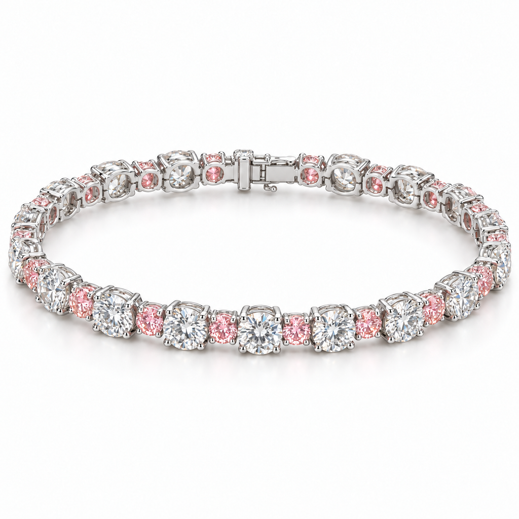 Fancy Vivid Pink and white lab-grown diamond Plus & Minus bracelet in 14k white gold, full studio view