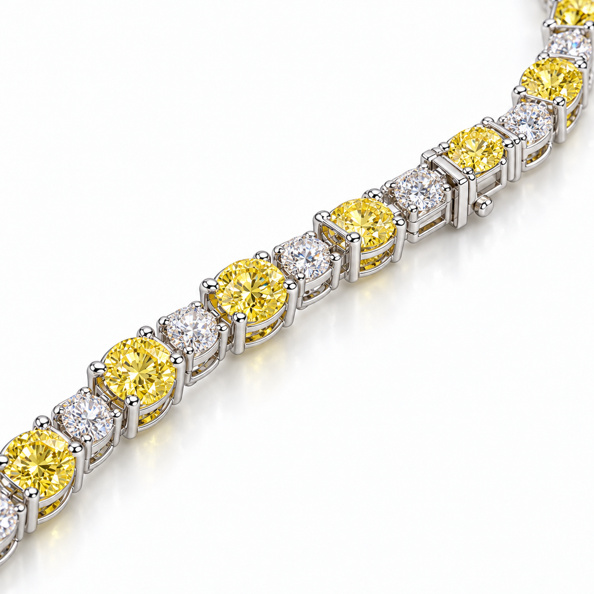 Fancy Vivid Yellow and white lab-grown diamond Plus & Minus bracelet in 14k white gold, close-up studio view