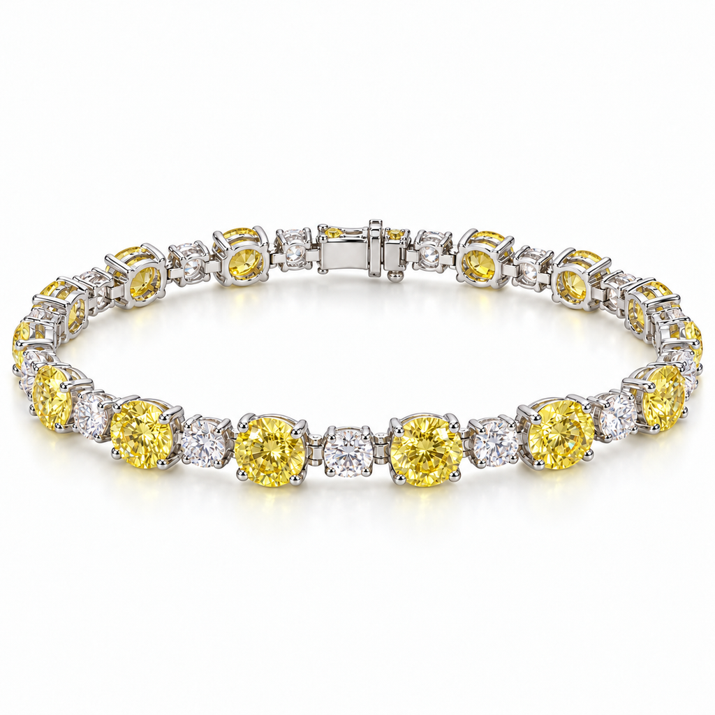 Fancy Vivid Yellow and white lab-grown diamond Plus & Minus bracelet in 14k white gold, full studio view
