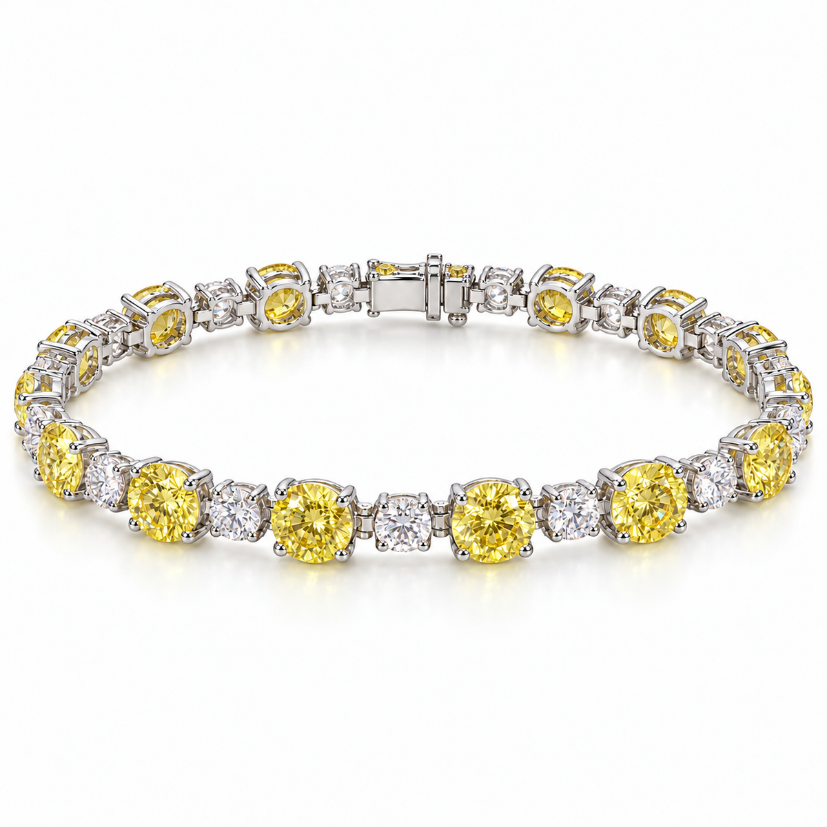 Fancy Vivid Yellow and white lab-grown diamond Plus & Minus bracelet in 14k white gold, full studio view