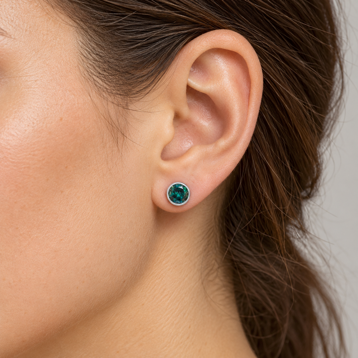 14K Gold Lab-Grown Gemstone Bezel Stud Earrings — Lab-Grown Alexandrite / 14K White Gold / 6 mm — illustrative on-ear view