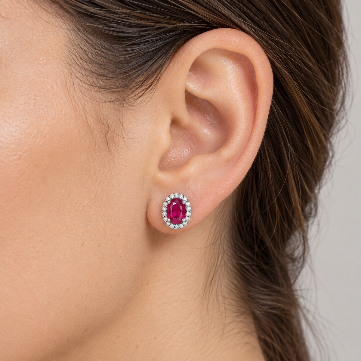 14K Gold Lab-Grown Gemstone & Diamond French-Set Halo Earrings — Lab-Grown Ruby / 14K White Gold — illustrative on-ear view