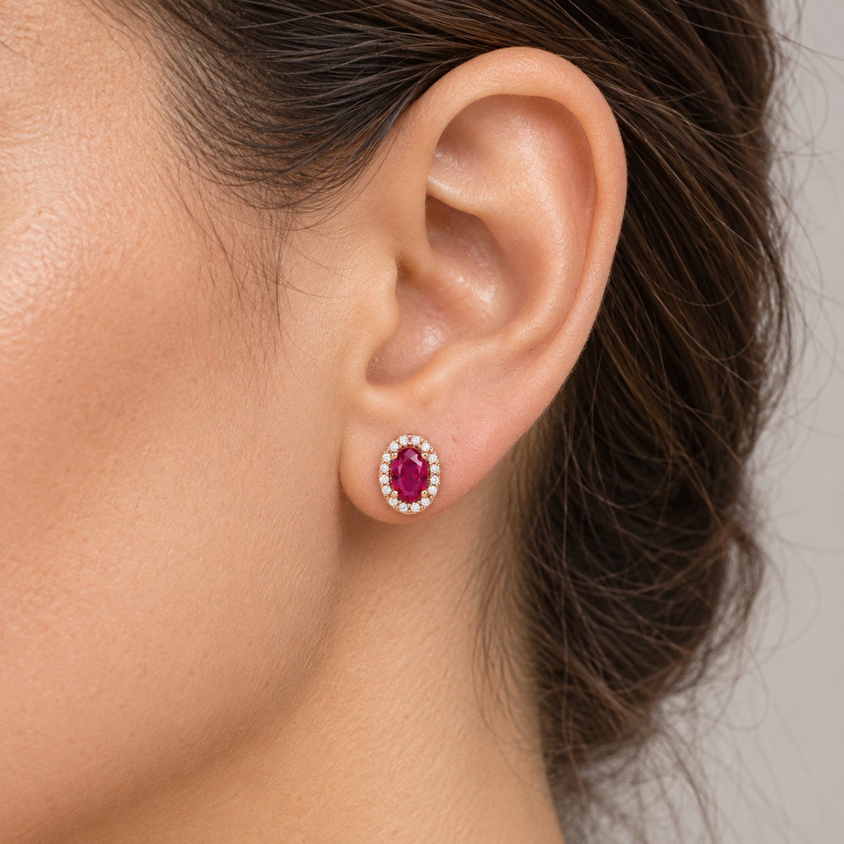 14K Gold Lab-Grown Gemstone & Diamond French-Set Halo Earrings — Lab-Grown Ruby / 14K Rose Gold — illustrative on-ear view