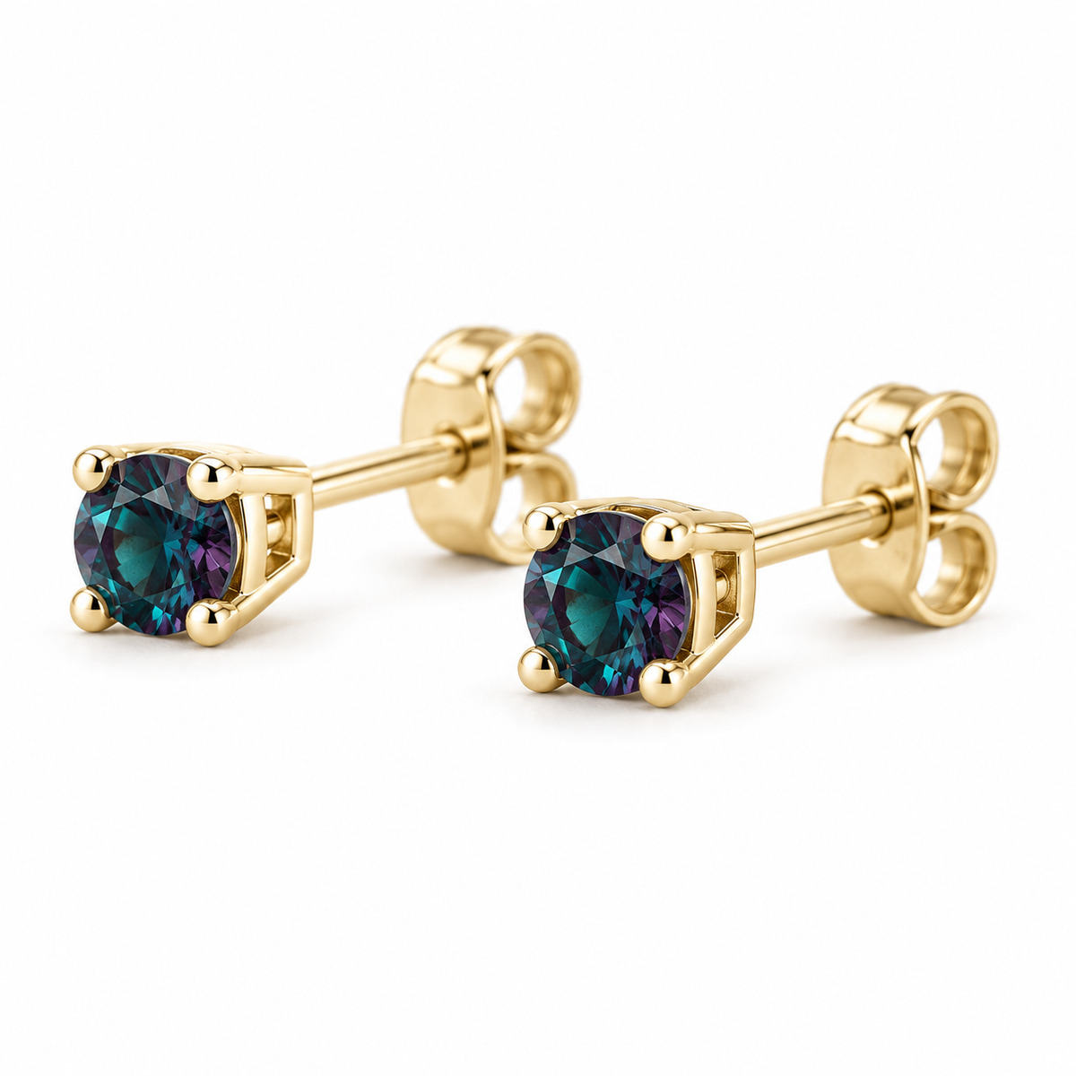 14K Yellow Gold Lab-Grown Alexandrite Lightweight Stud Earrings — 2.5 mm stones — enhanced studio view