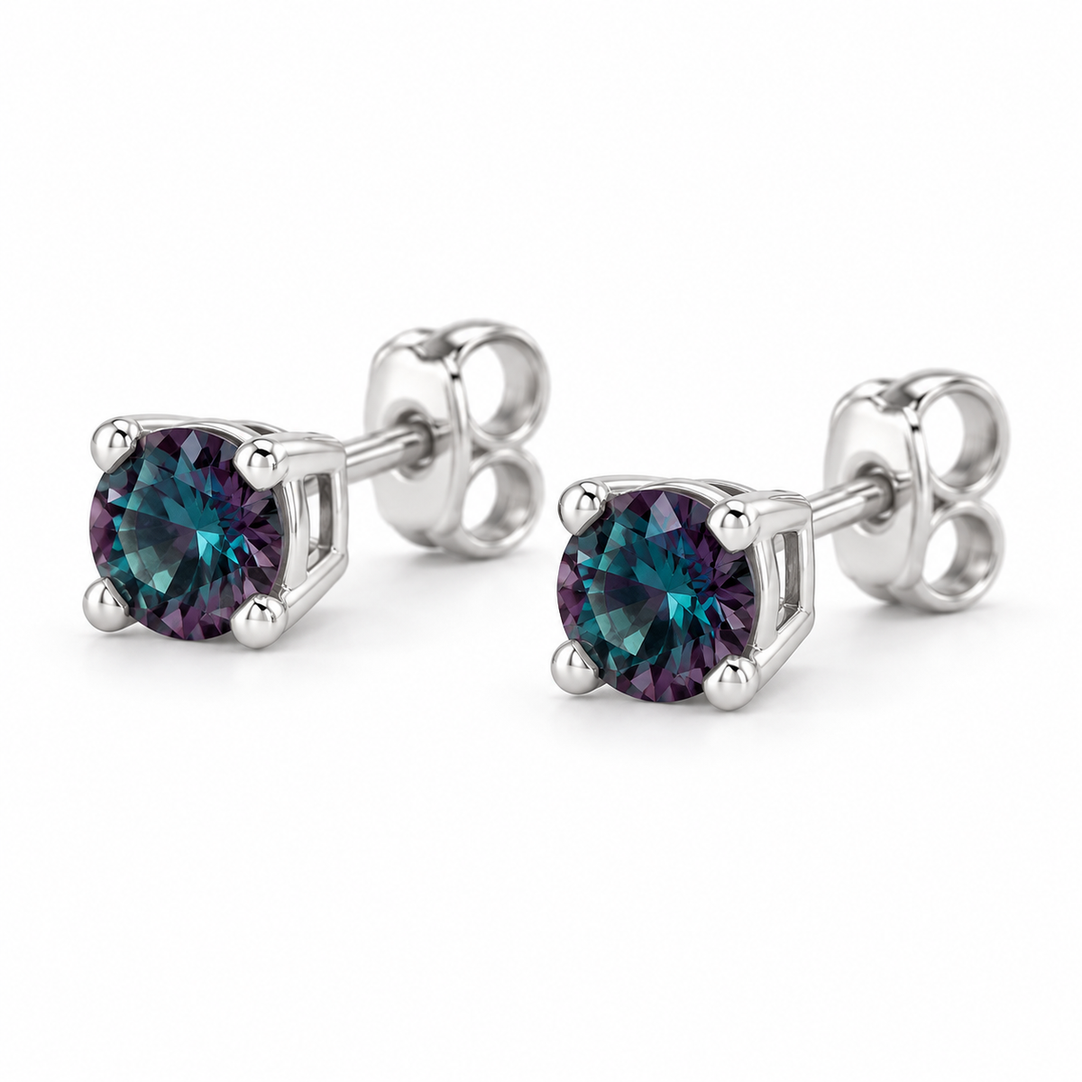 14K White Gold Lab-Grown Alexandrite Lightweight Stud Earrings — 4 mm stones — enhanced studio view