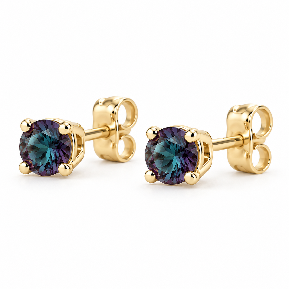 14K Yellow Gold Lab-Grown Alexandrite Lightweight Stud Earrings — 4 mm stones — enhanced studio view
