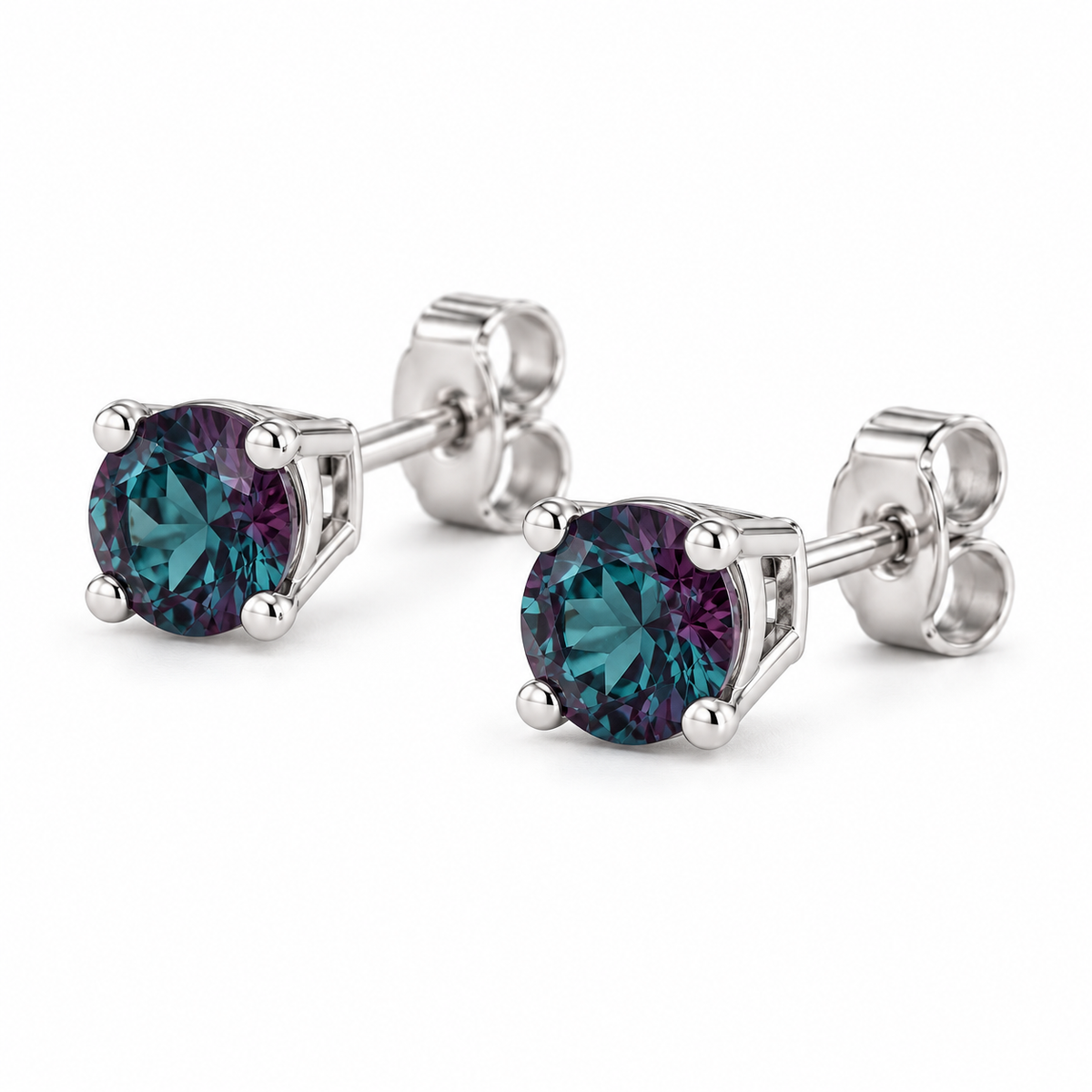 14K White Gold Lab-Grown Alexandrite Lightweight Stud Earrings — 5 mm stones — enhanced studio view