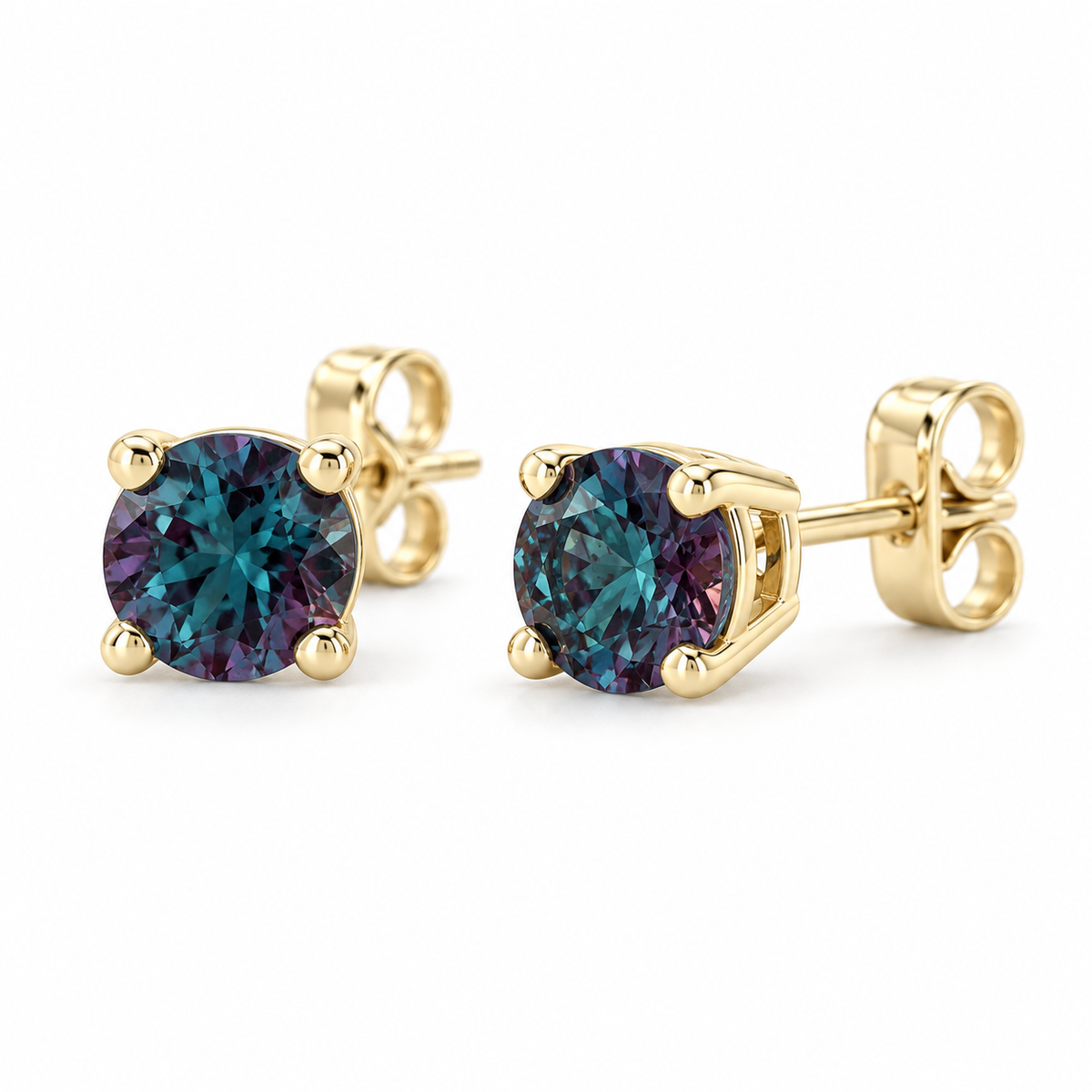 14K Yellow Gold Lab-Grown Alexandrite Lightweight Stud Earrings — 5 mm stones — enhanced studio view