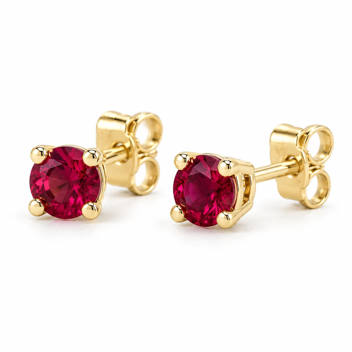 14K Yellow Gold Lab-Grown Ruby Lightweight Stud Earrings — 4 mm stones — enhanced studio view