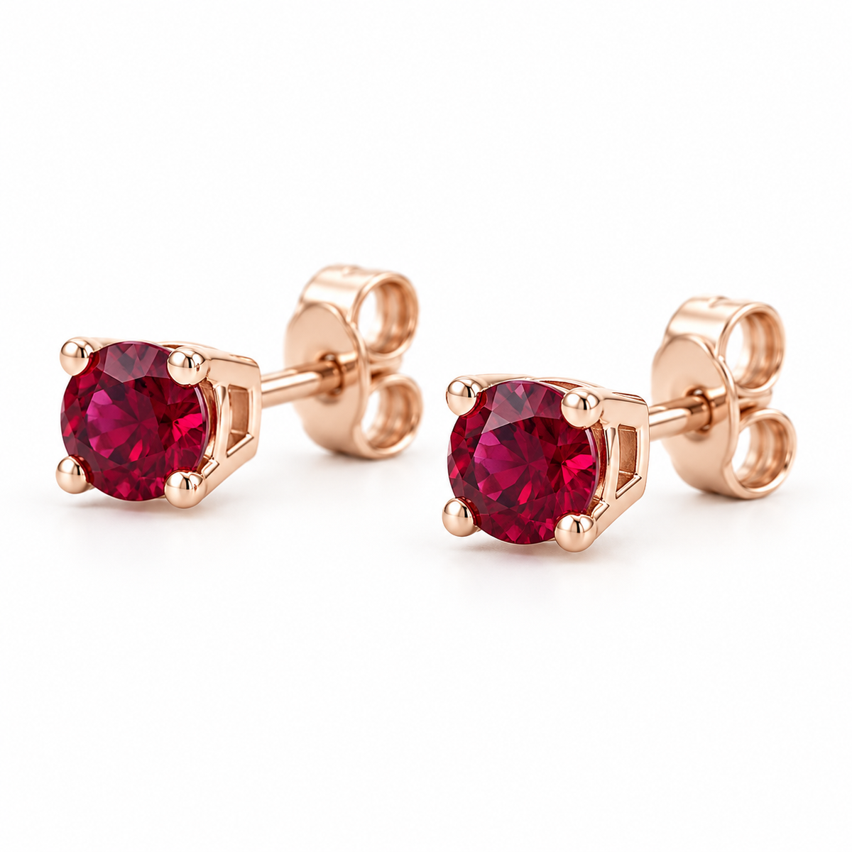14K Rose Gold Lab-Grown Ruby Lightweight Stud Earrings — 4 mm stones — enhanced studio view
