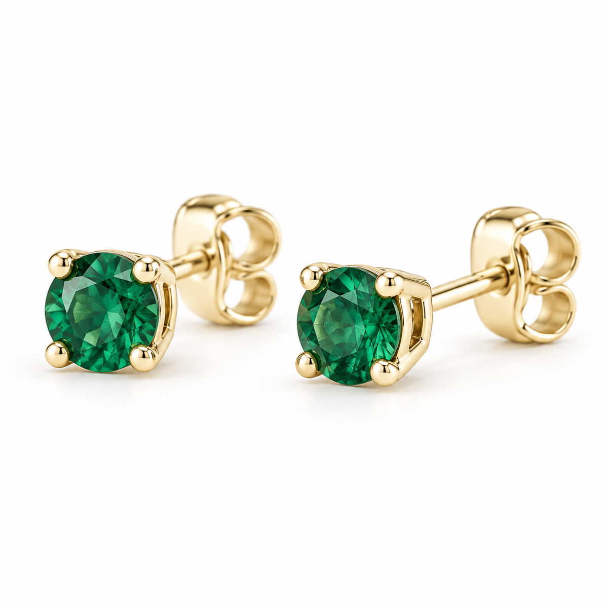 14K Yellow Gold Lab-Grown Emerald Lightweight Stud Earrings — 4 mm stones — enhanced studio view