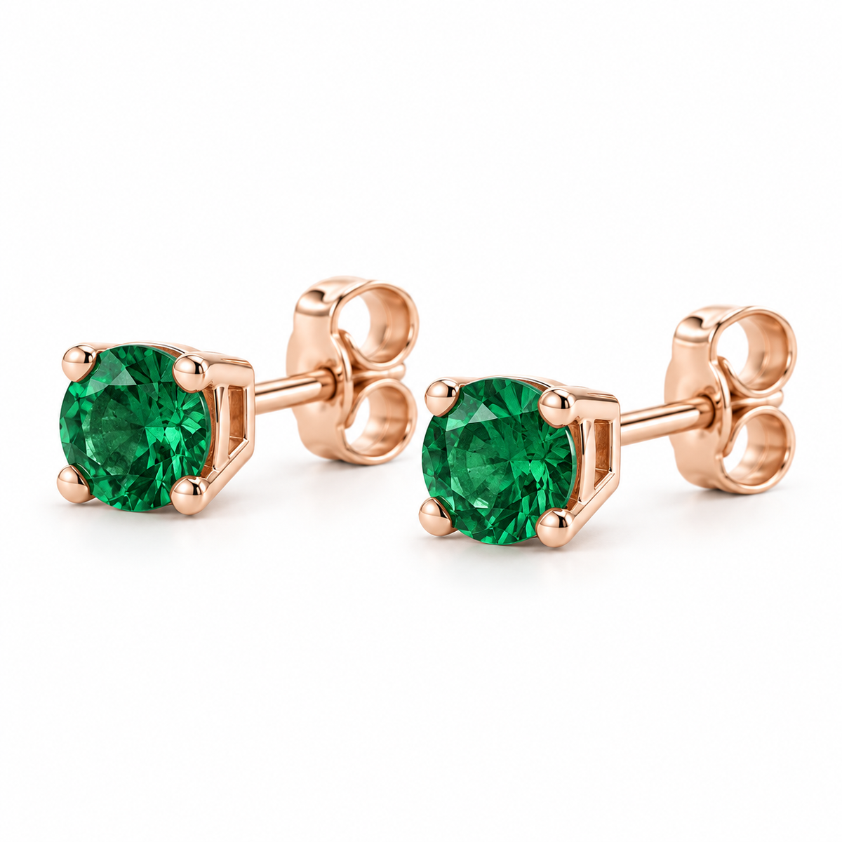 14K Rose Gold Lab-Grown Emerald Lightweight Stud Earrings — 4 mm stones — enhanced studio view