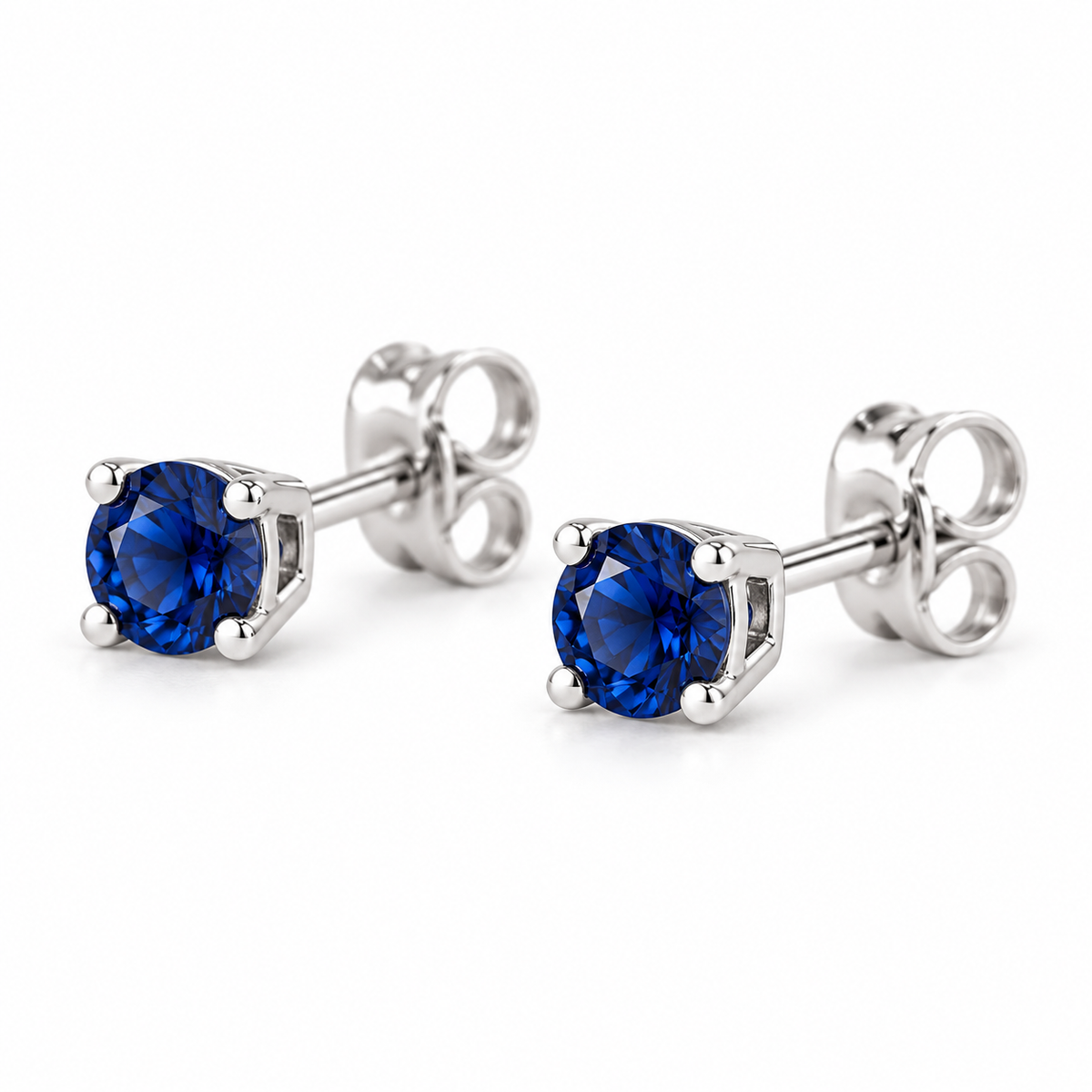14K White Gold Lab-Grown Blue Sapphire Lightweight Stud Earrings — 4 mm stones — enhanced studio view