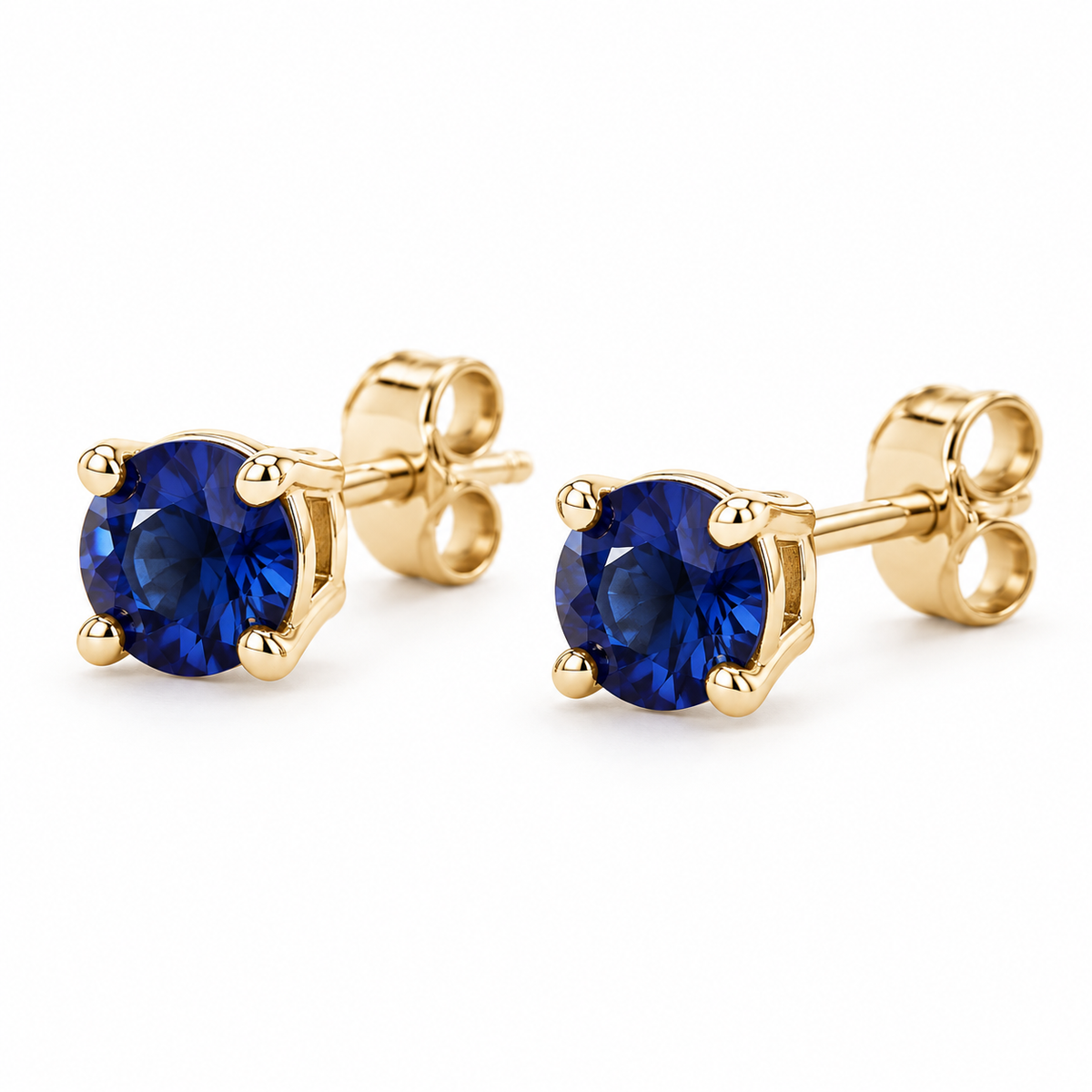 14K Yellow Gold Lab-Grown Blue Sapphire Lightweight Stud Earrings — 4 mm stones — enhanced studio view