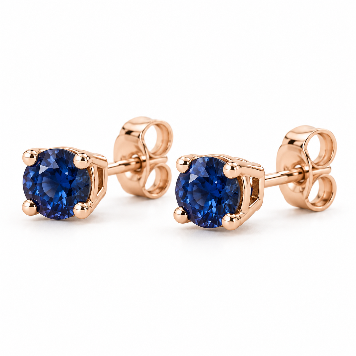 14K Rose Gold Lab-Grown Blue Sapphire Lightweight Stud Earrings — 4 mm stones — enhanced studio view