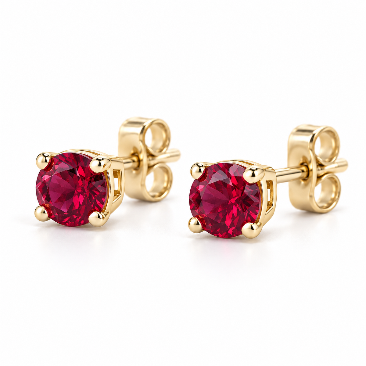 14K Yellow Gold Lab-Grown Ruby Lightweight Stud Earrings — 5 mm stones — enhanced studio view