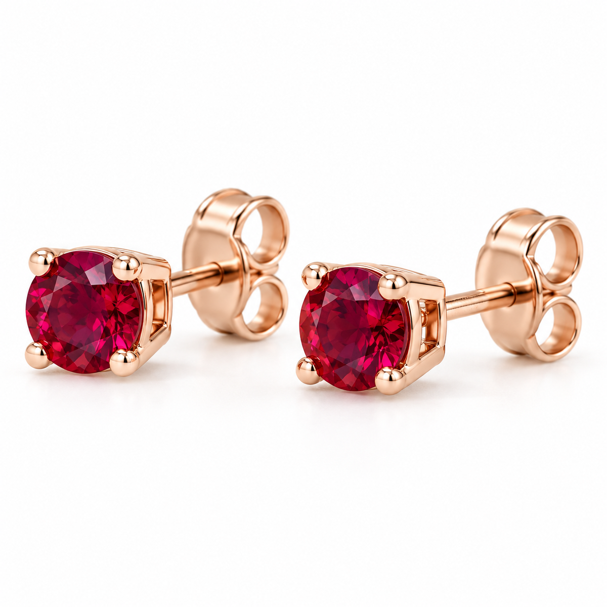 14K Rose Gold Lab-Grown Ruby Lightweight Stud Earrings — 5 mm stones — enhanced studio view