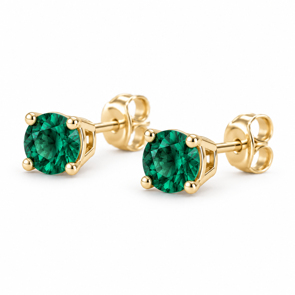 14K Yellow Gold Lab-Grown Emerald Lightweight Stud Earrings — 5 mm stones — enhanced studio view
