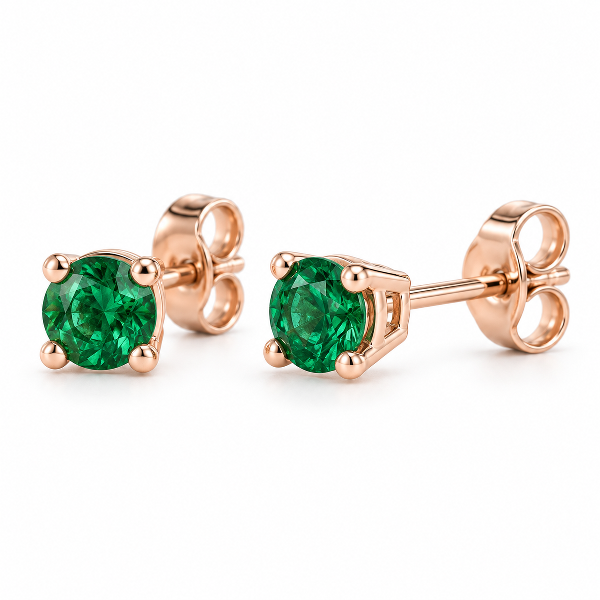 14K Rose Gold Lab-Grown Emerald Lightweight Stud Earrings — 5 mm stones — enhanced studio view
