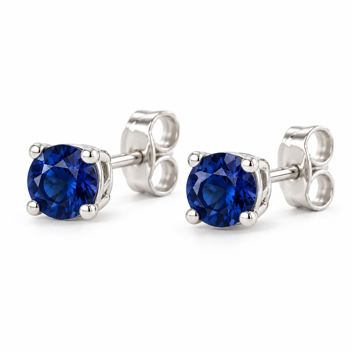14K White Gold Lab-Grown Blue Sapphire Lightweight Stud Earrings — 5 mm stones — enhanced studio view