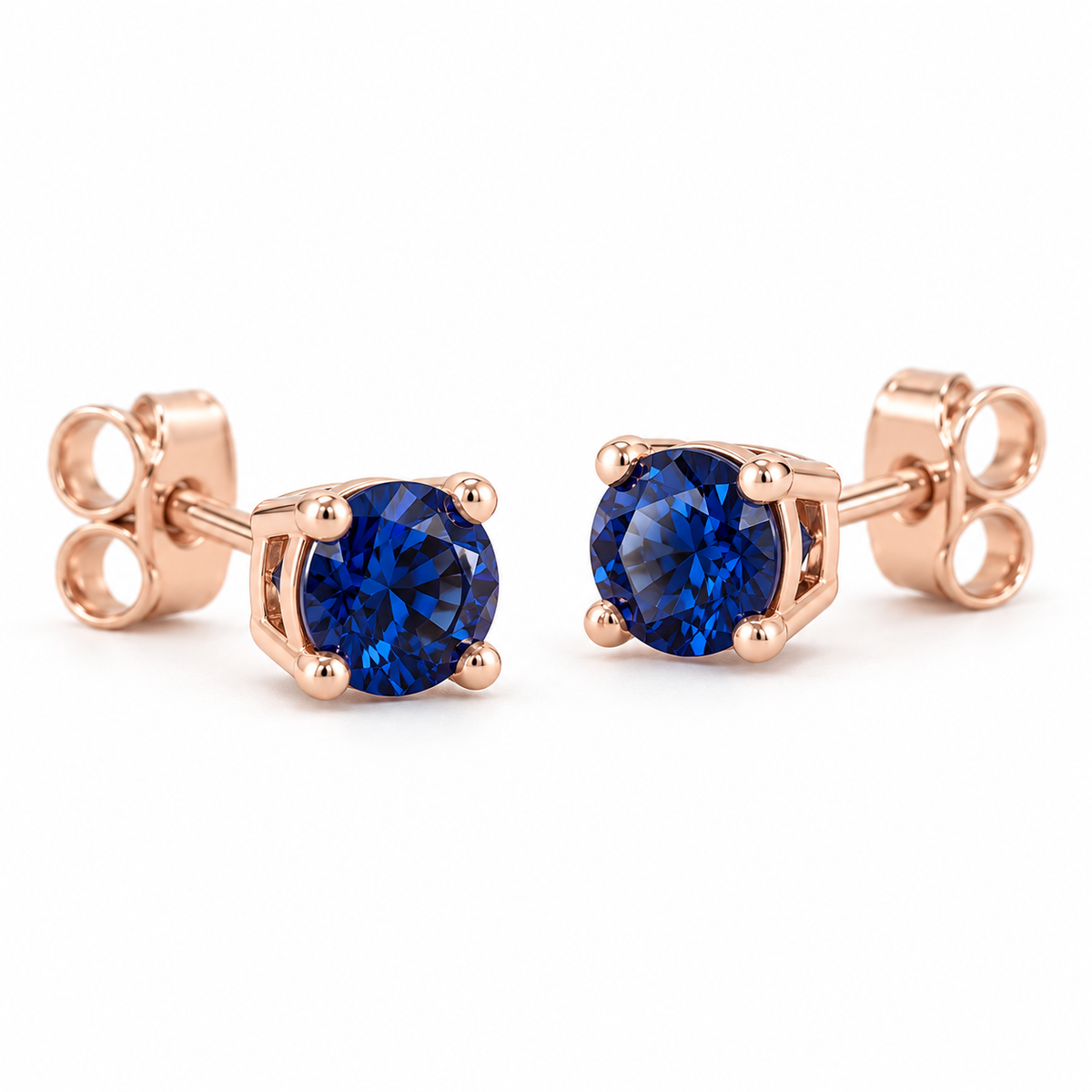 14K Rose Gold Lab-Grown Blue Sapphire Lightweight Stud Earrings — 5 mm stones — enhanced studio view