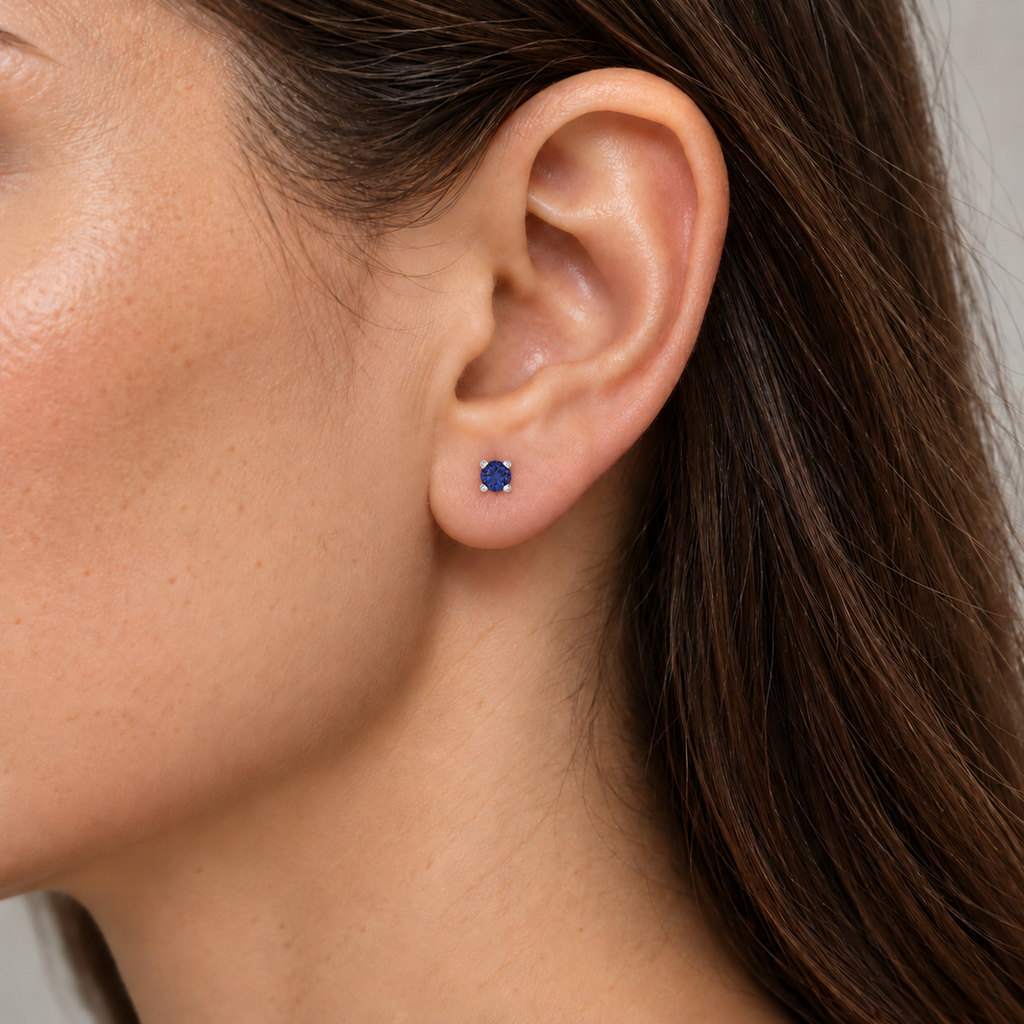 14K White Gold Lab-Grown Blue Sapphire Lightweight Stud Earrings — 2.5 mm stones — on-ear illustration based on listed dimensions