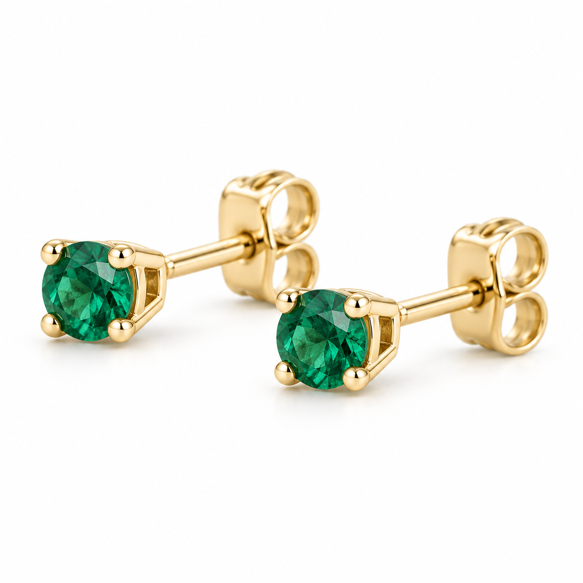 14K Yellow Gold Lab-Grown Emerald Lightweight Stud Earrings — 2.5 mm stones — enhanced studio view