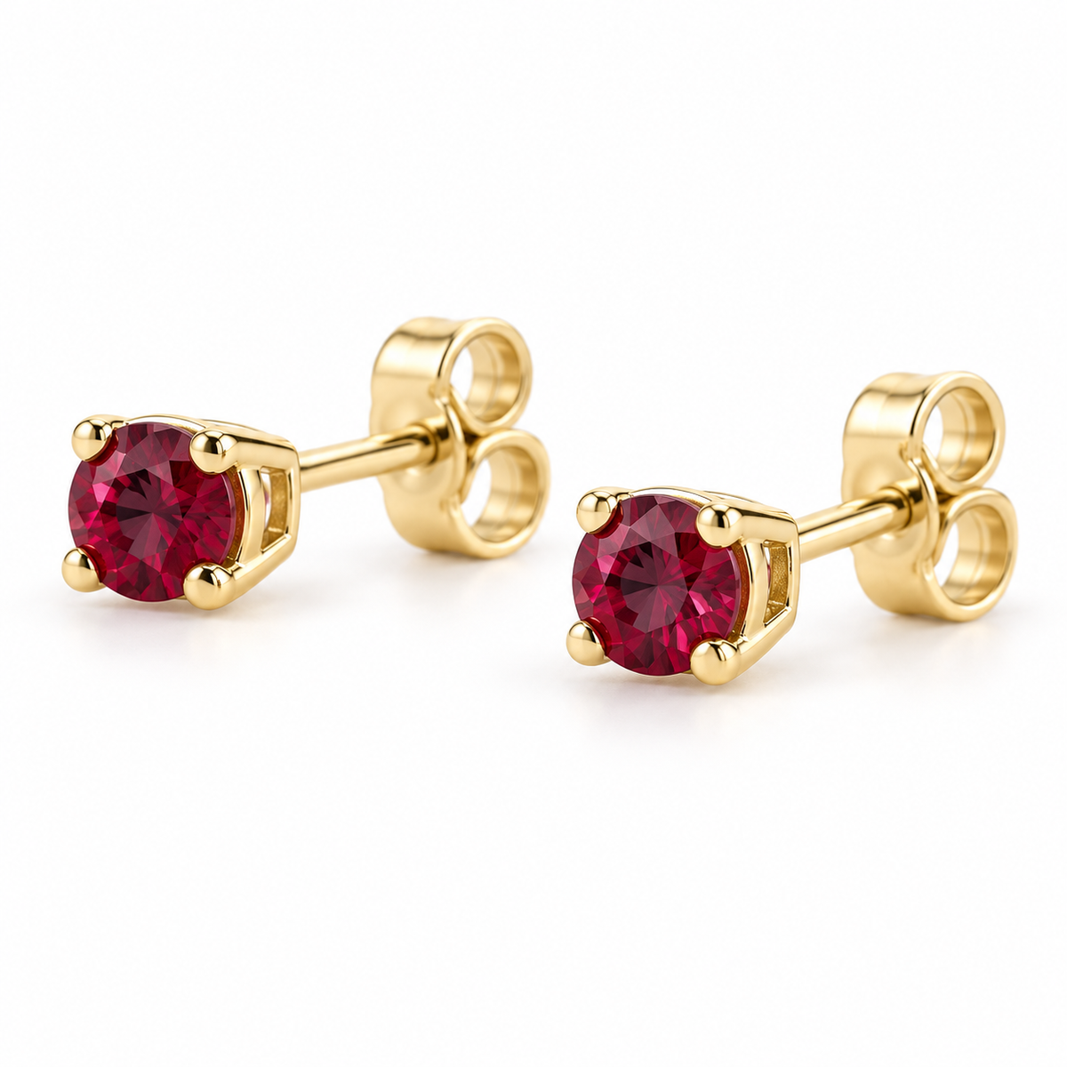 14K Yellow Gold Lab-Grown Ruby Lightweight Stud Earrings — 2.5 mm stones — enhanced studio view