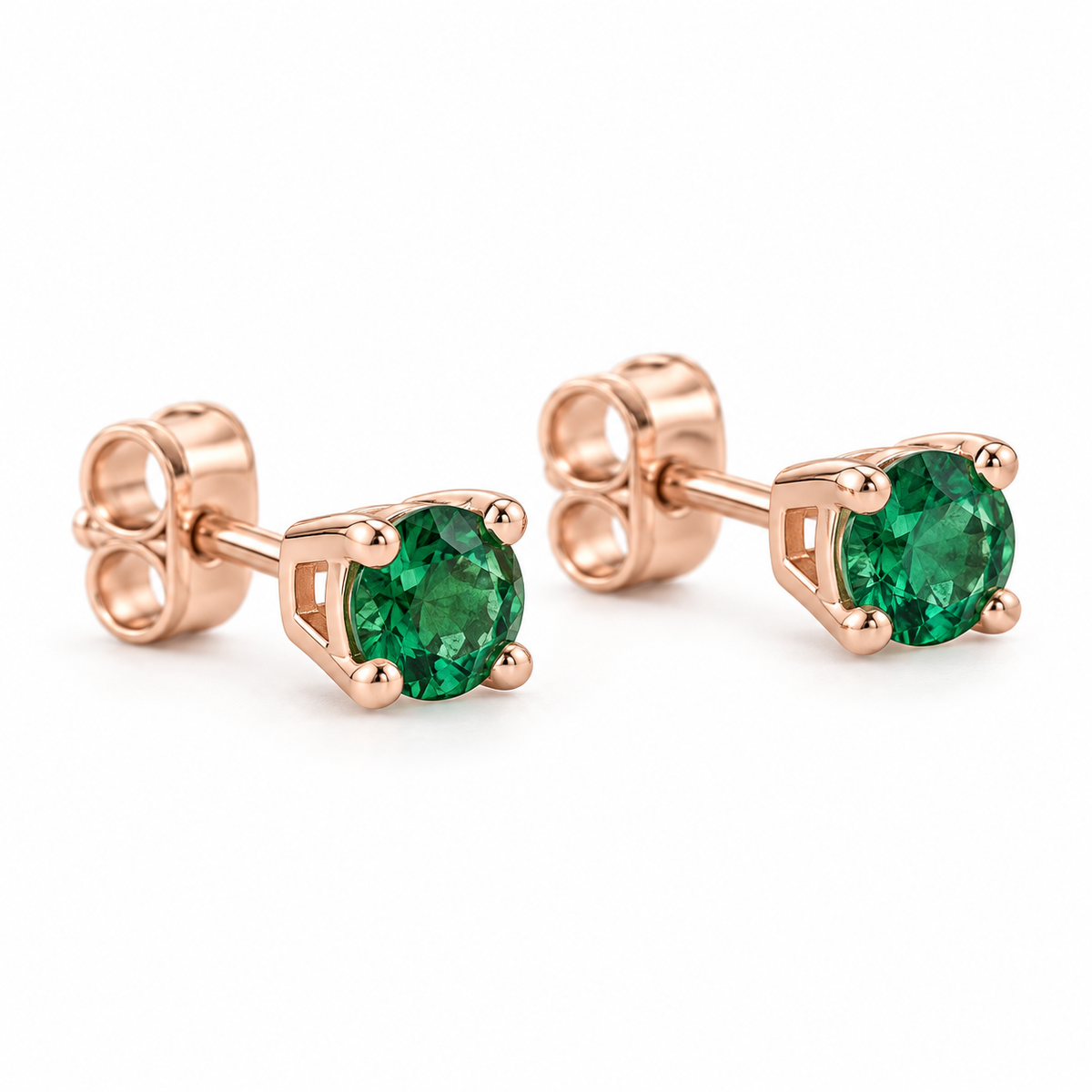 14K Rose Gold Lab-Grown Emerald Lightweight Stud Earrings — 2.5 mm stones — enhanced studio view