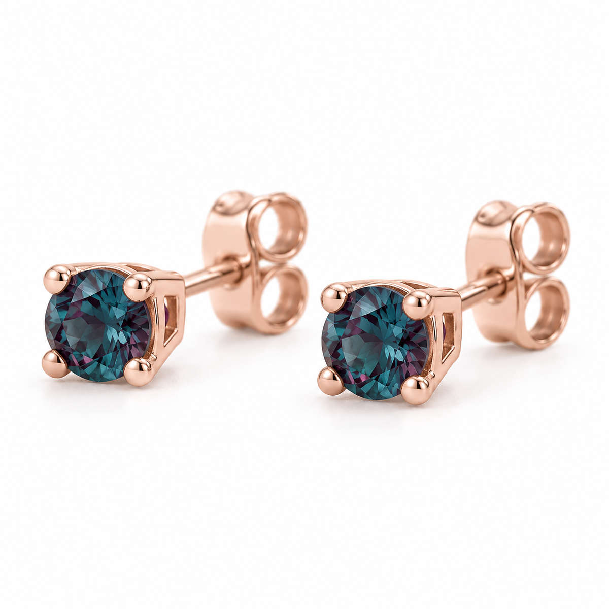 14K Rose Gold Lab-Grown Alexandrite Lightweight Stud Earrings — 2.5 mm stones — enhanced studio view