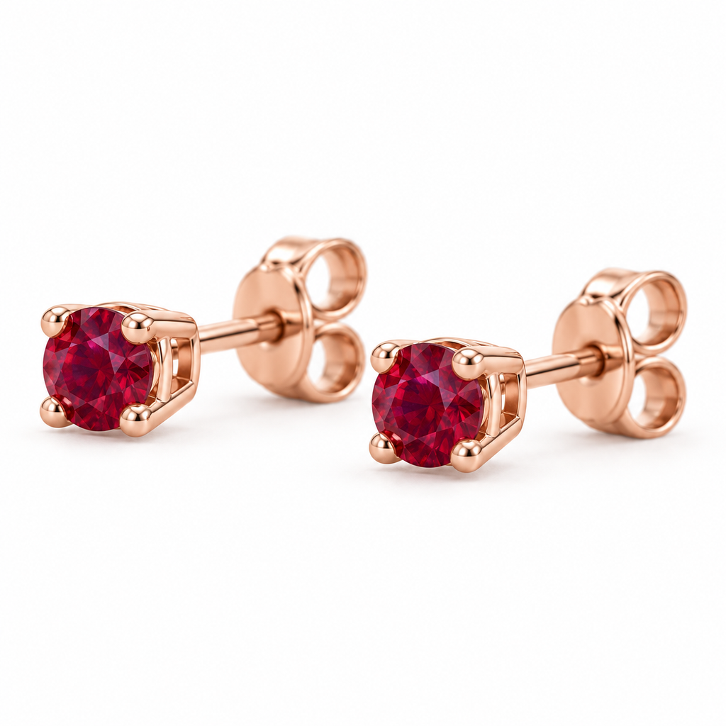 14K Rose Gold Lab-Grown Ruby Lightweight Stud Earrings — 2.5 mm stones — enhanced studio view