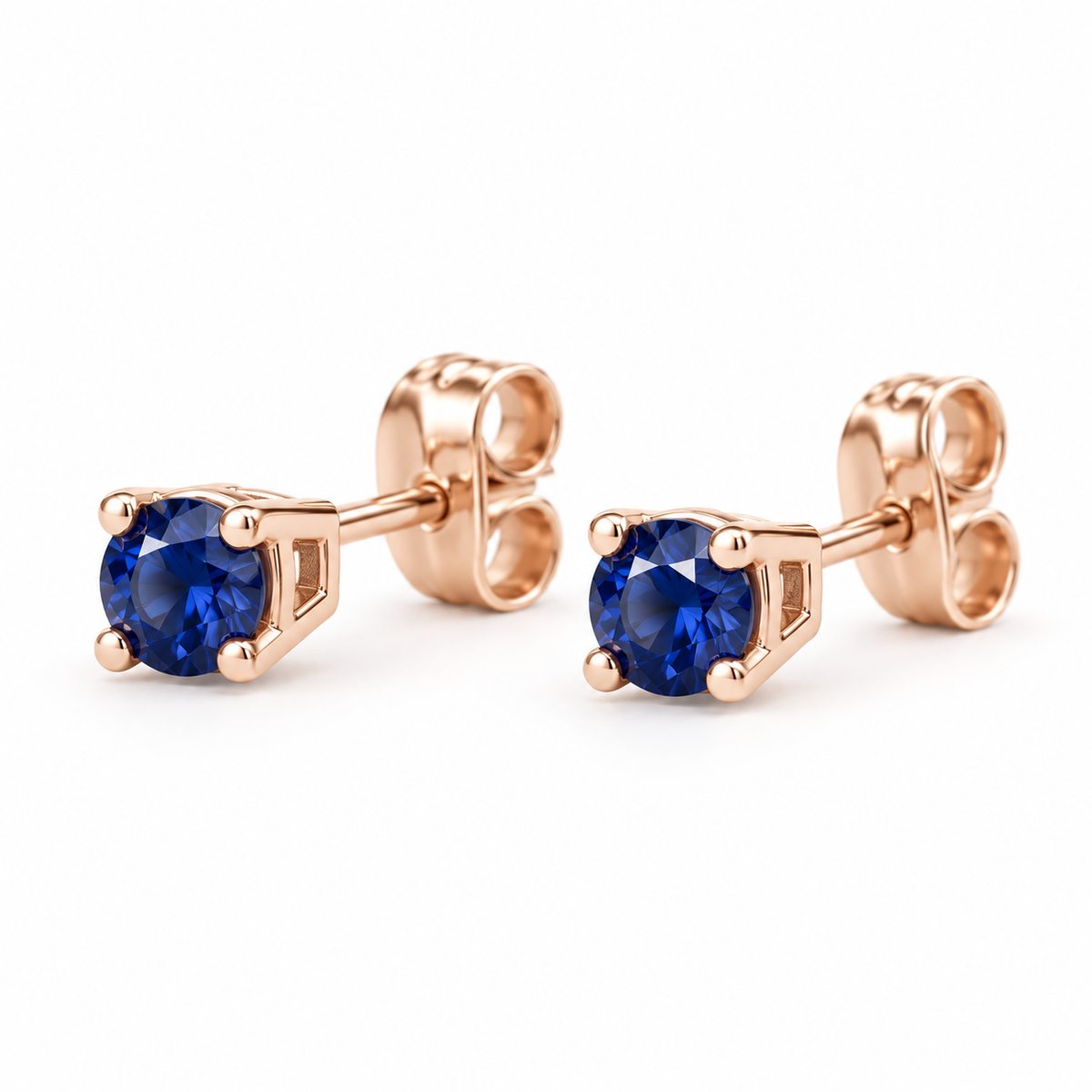 14K Rose Gold Lab-Grown Blue Sapphire Lightweight Stud Earrings — 2.5 mm stones — enhanced studio view