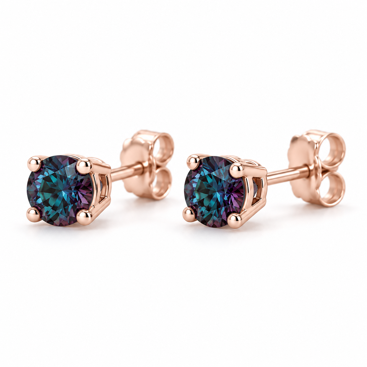 14K Rose Gold Lab-Grown Alexandrite Lightweight Stud Earrings — 4 mm stones — enhanced studio view