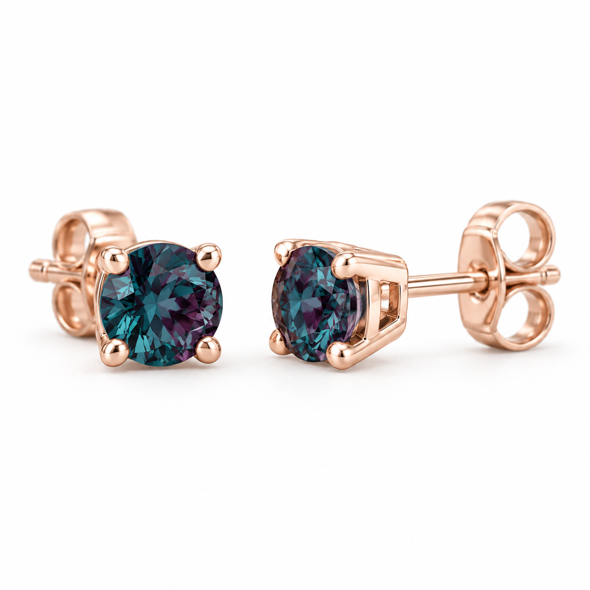 14K Rose Gold Lab-Grown Alexandrite Lightweight Stud Earrings — 5 mm stones — enhanced studio view