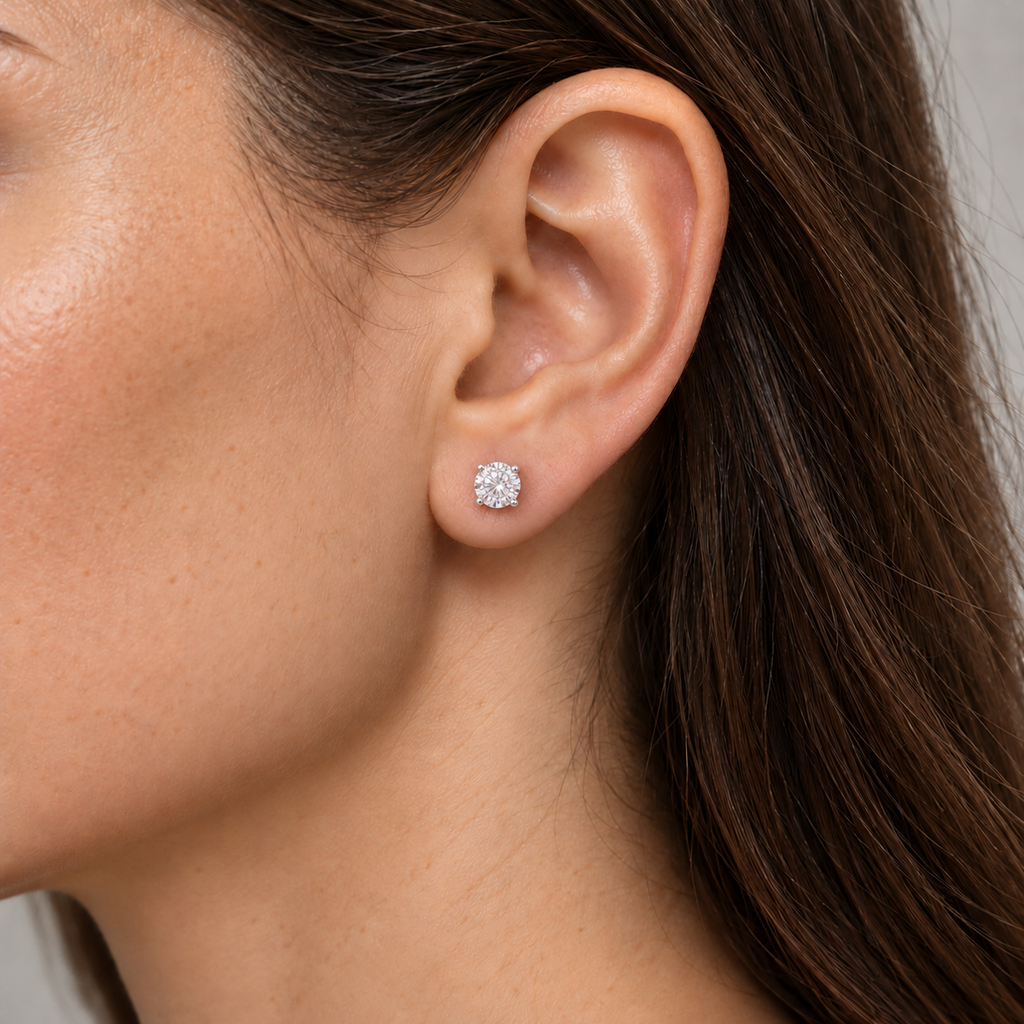 14K White Gold Lab-Grown Moissanite Lightweight Stud Earrings — 5 mm stones — on-ear illustration based on listed dimensions