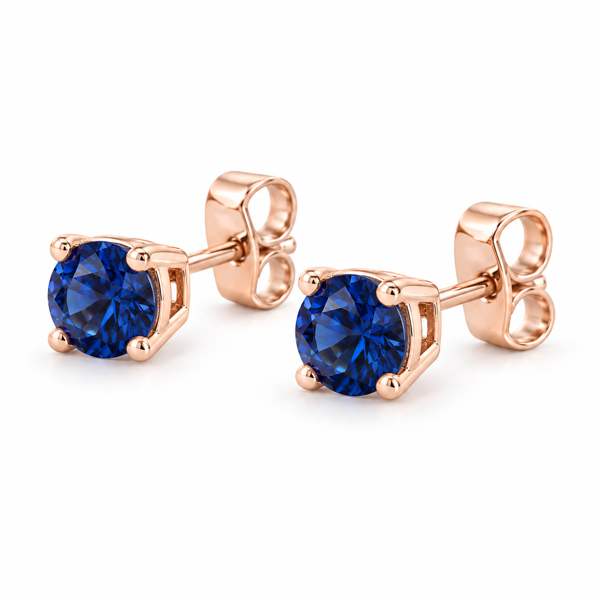 14K Rose Gold Lab-Grown Blue Sapphire Lightweight Stud Earrings — 6 mm stones — enhanced studio view
