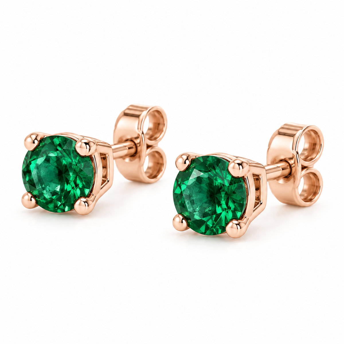 14K Rose Gold Lab-Grown Emerald Lightweight Stud Earrings — 6 mm stones — enhanced studio view