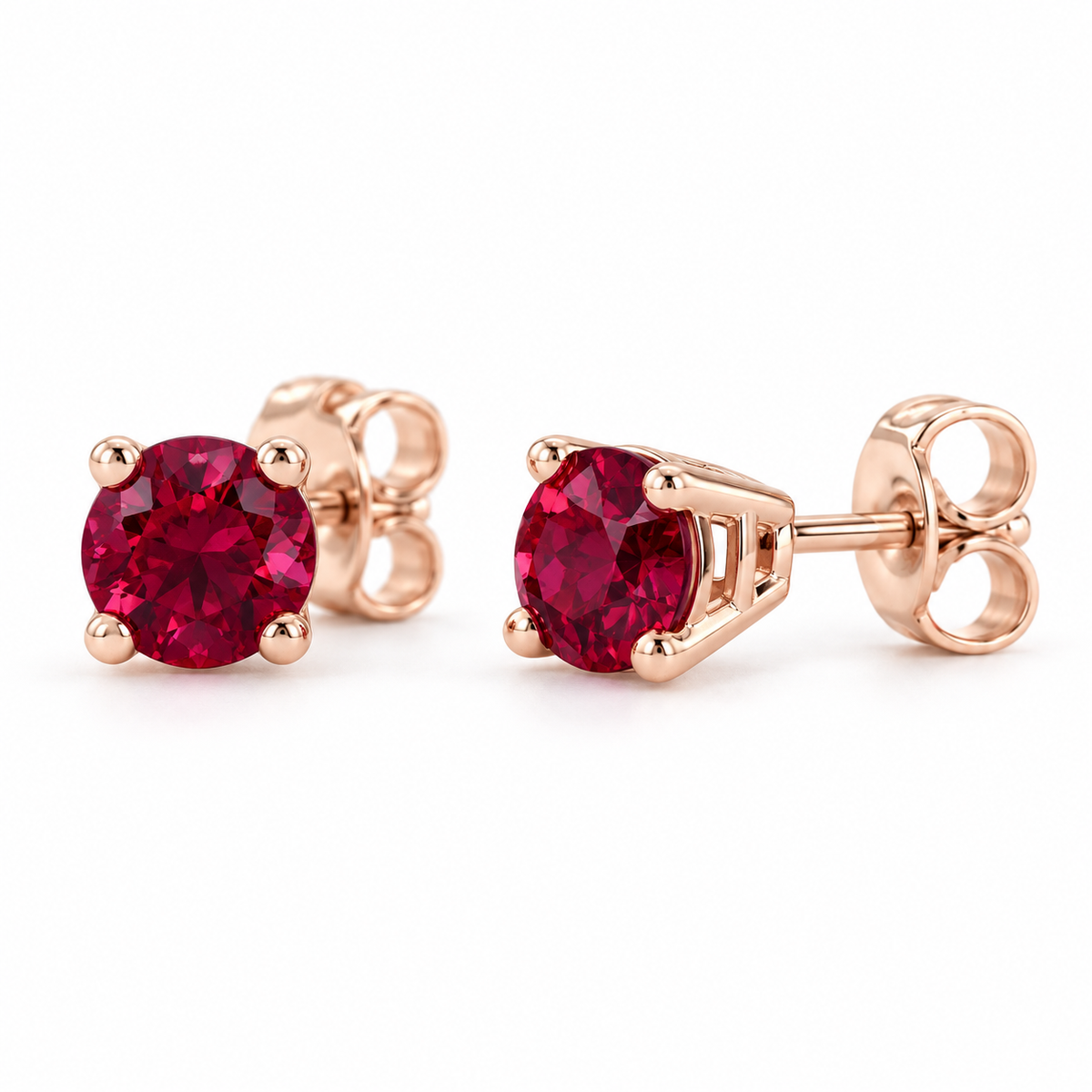 14K Rose Gold Lab-Grown Ruby Lightweight Stud Earrings — 6 mm stones — enhanced studio view