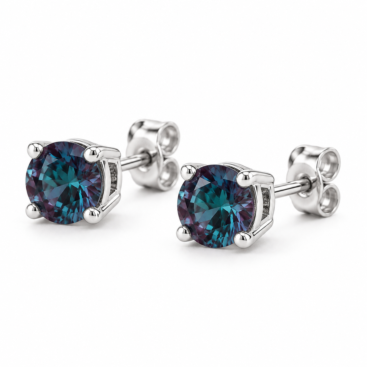 14K White Gold Lab-Grown Alexandrite Lightweight Stud Earrings — 6 mm stones — enhanced studio view