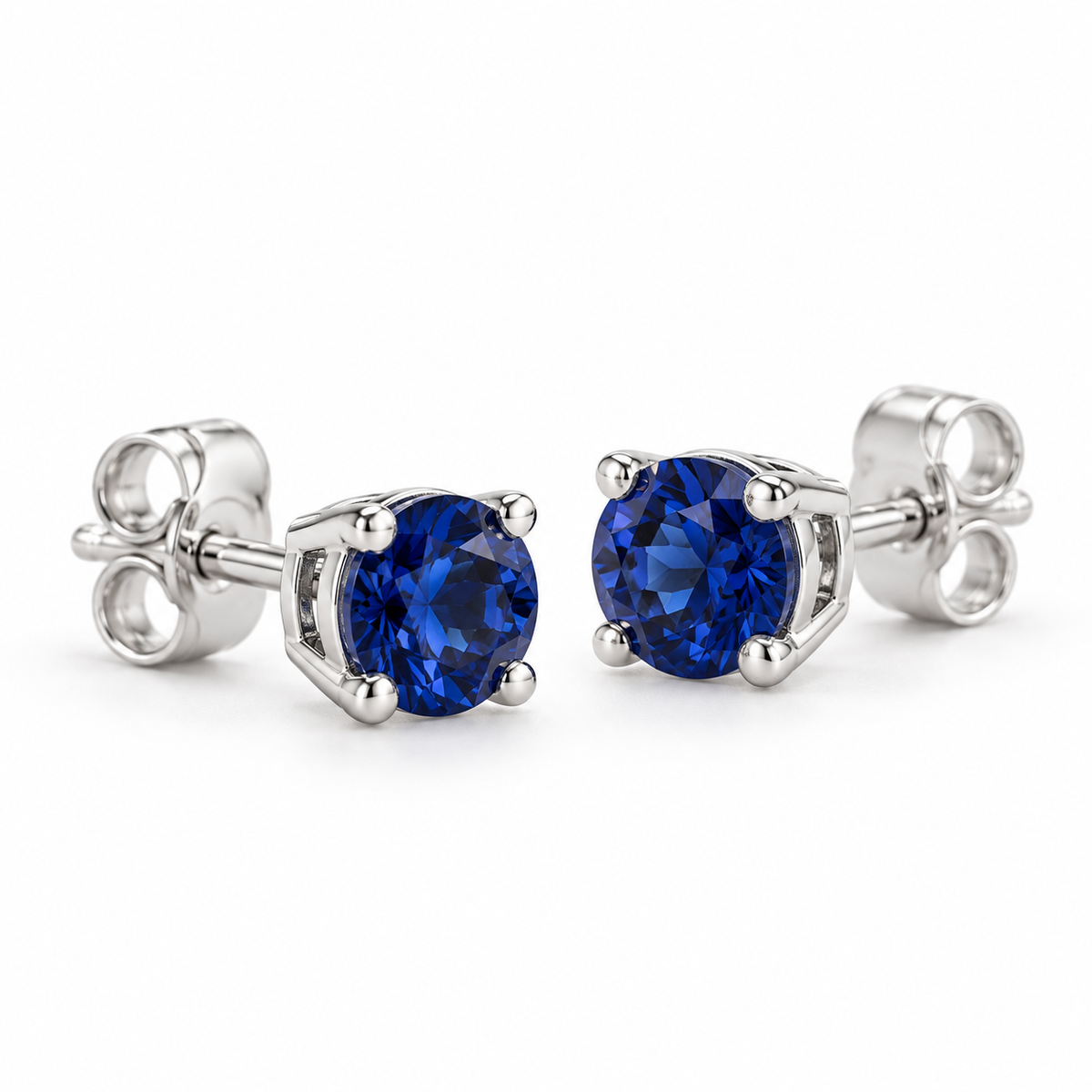 14K White Gold Lab-Grown Blue Sapphire Lightweight Stud Earrings — 6 mm stones — enhanced studio view