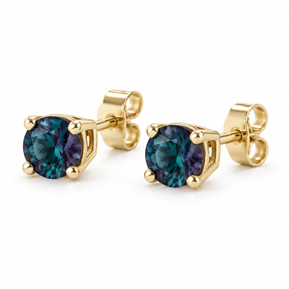 14K Yellow Gold Lab-Grown Alexandrite Lightweight Stud Earrings — 6 mm stones — enhanced studio view